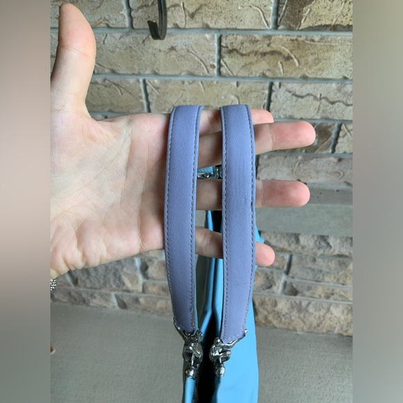 Vintage BRIGHTON Blue Smooth Leather Heart Stitched Small Tote Purse Romantic - Picture 4 of 16